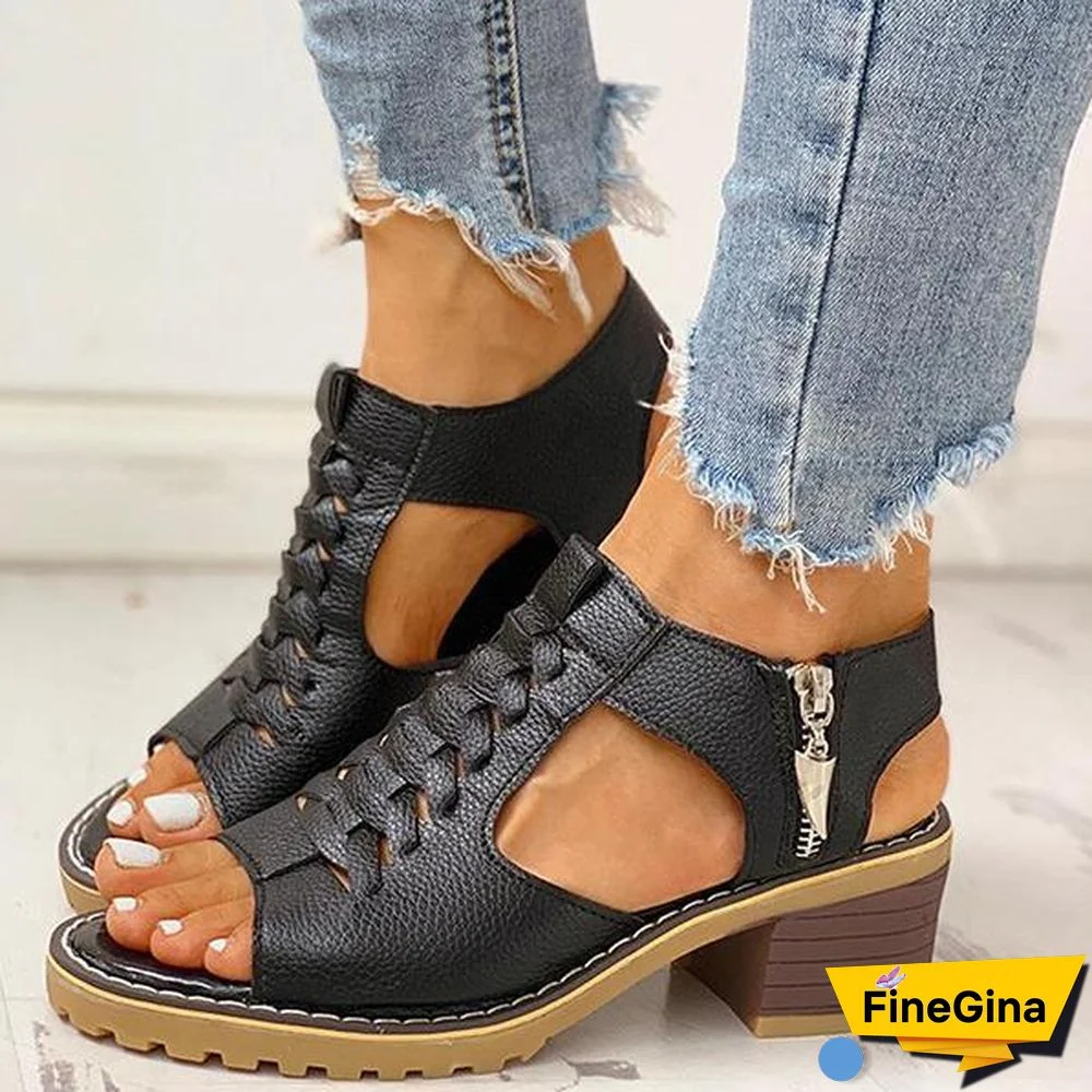 Peep Toe Cutout Zipper Chunky Heeled Sandals