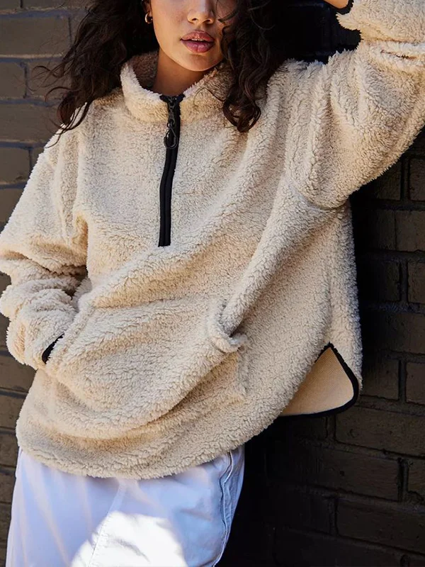 Sherpa fleece solid color sweater with stand collar and zipper