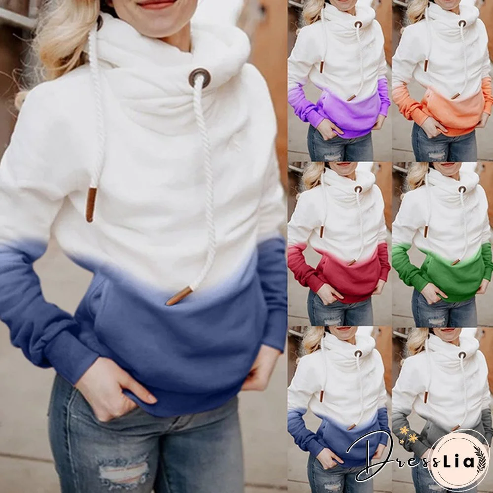 Contrast Stitching Hooded Turtleneck Sweater Women Casual Solid Contrast Long Sleeve Hoodie Sweatshirt Tops Female Hooded Jumper