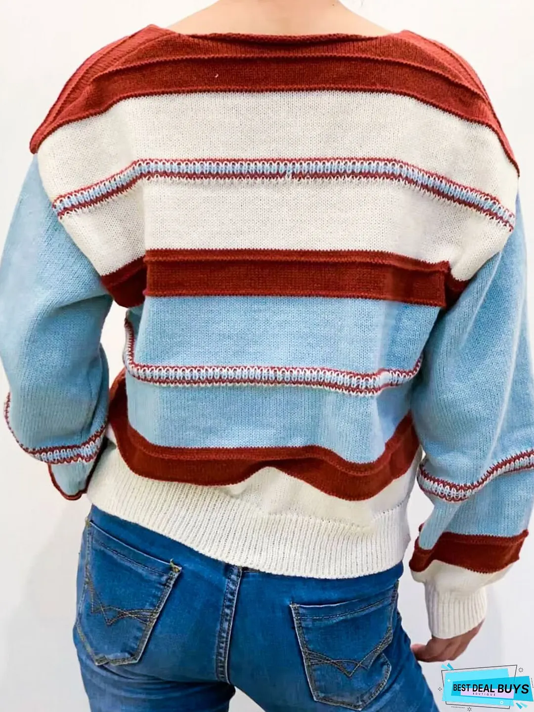 Contrast V-Neck Dropped Shoulder Sweater