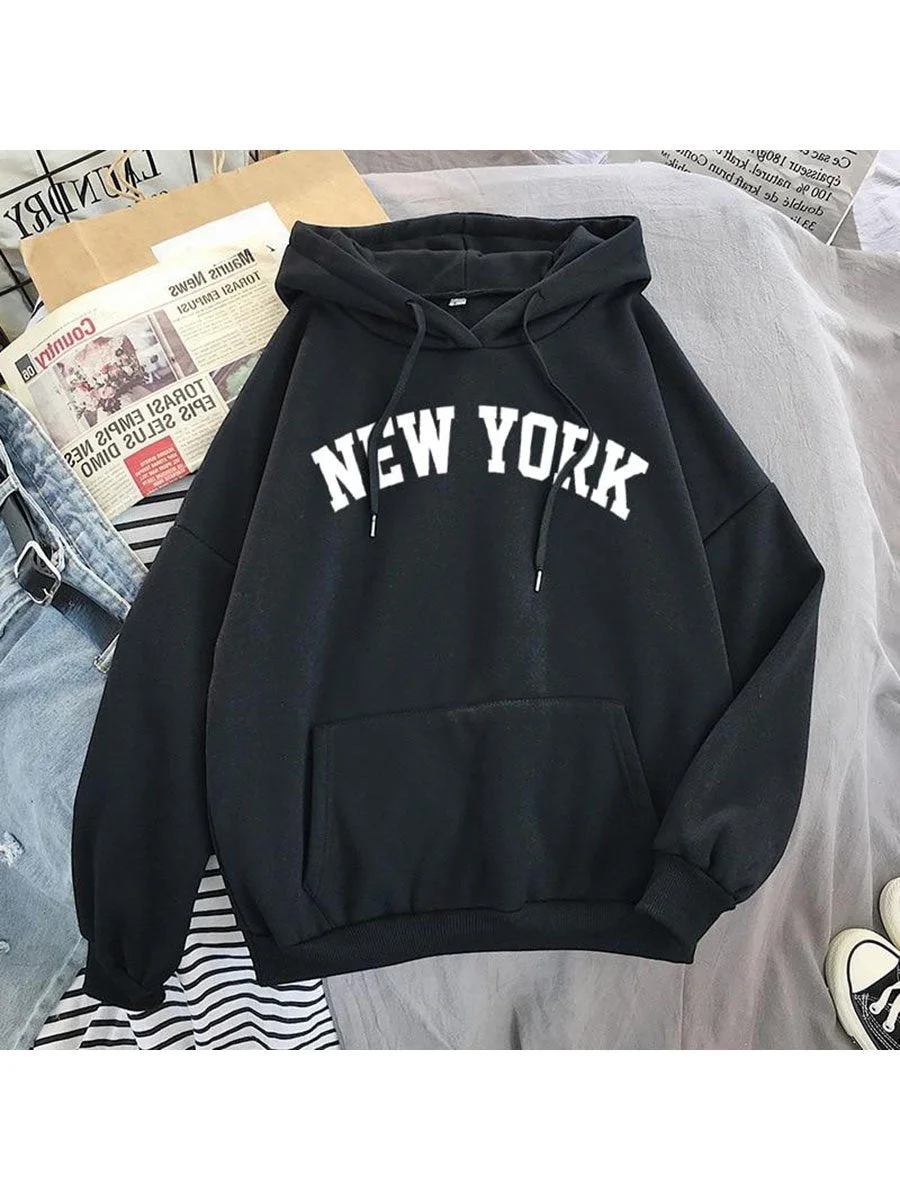 Pullover Hoodie New York Letters Print with Drawstrings Hooded Sweatshirt