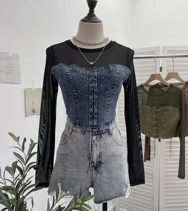 Uveng Real Shooting Denim Splicing Mesh Design Long-Sleeved T-Shirt Wearing Rope Tie Short Repair Body Coat 2638