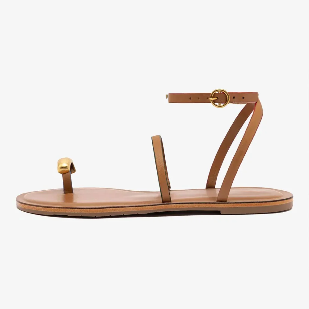 Tan Round Toe Ring Ankle Strap Buckle Flat Sandals for Women