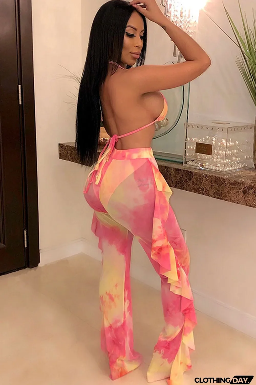 Yellow Polyester Sexy Fashion Stringy selvedge Print Tie Dye Patchwork Loose Sleeveless