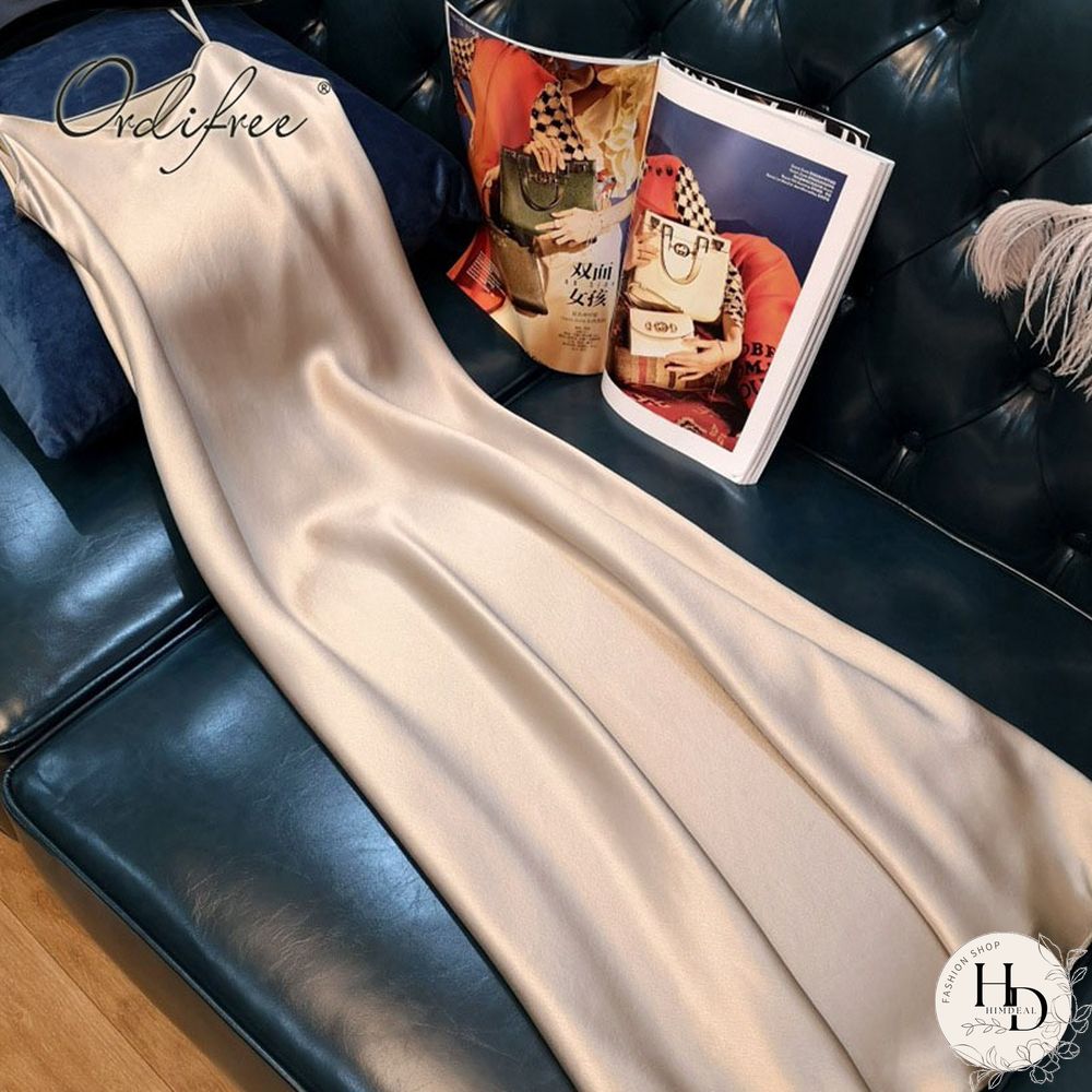 Ordfree Summer Women Long Satin Slip Dress Spaghetti Strap Elegant Lady Sexy Satin Party Dress S-4XL
