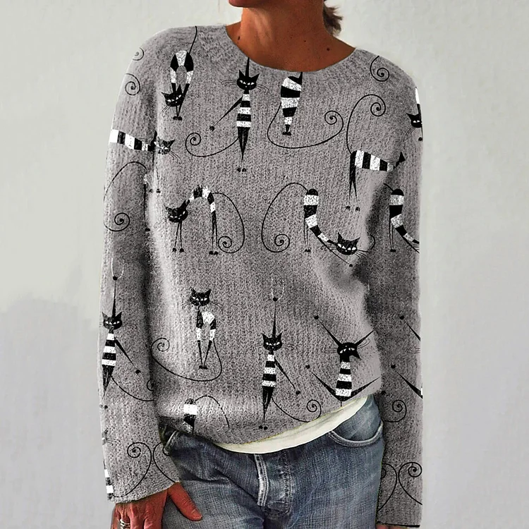Funny Cat Print Knit Pullover Sweater