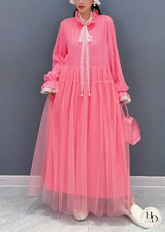 Pink Lace Up Patchwork Lace Long Dresses Spring