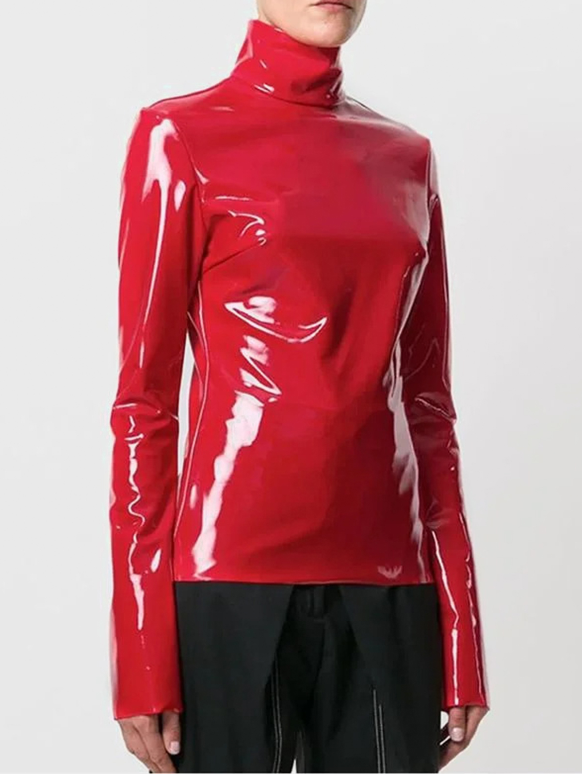 Fashion PU Patent Leather High Neck Long Sleeve Blouse