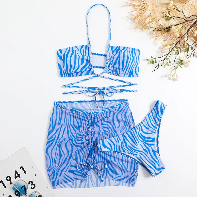 Brownm 2023 New Striped Print Drawstring With Three-Piece Swimsuit Bikini Swimsuit