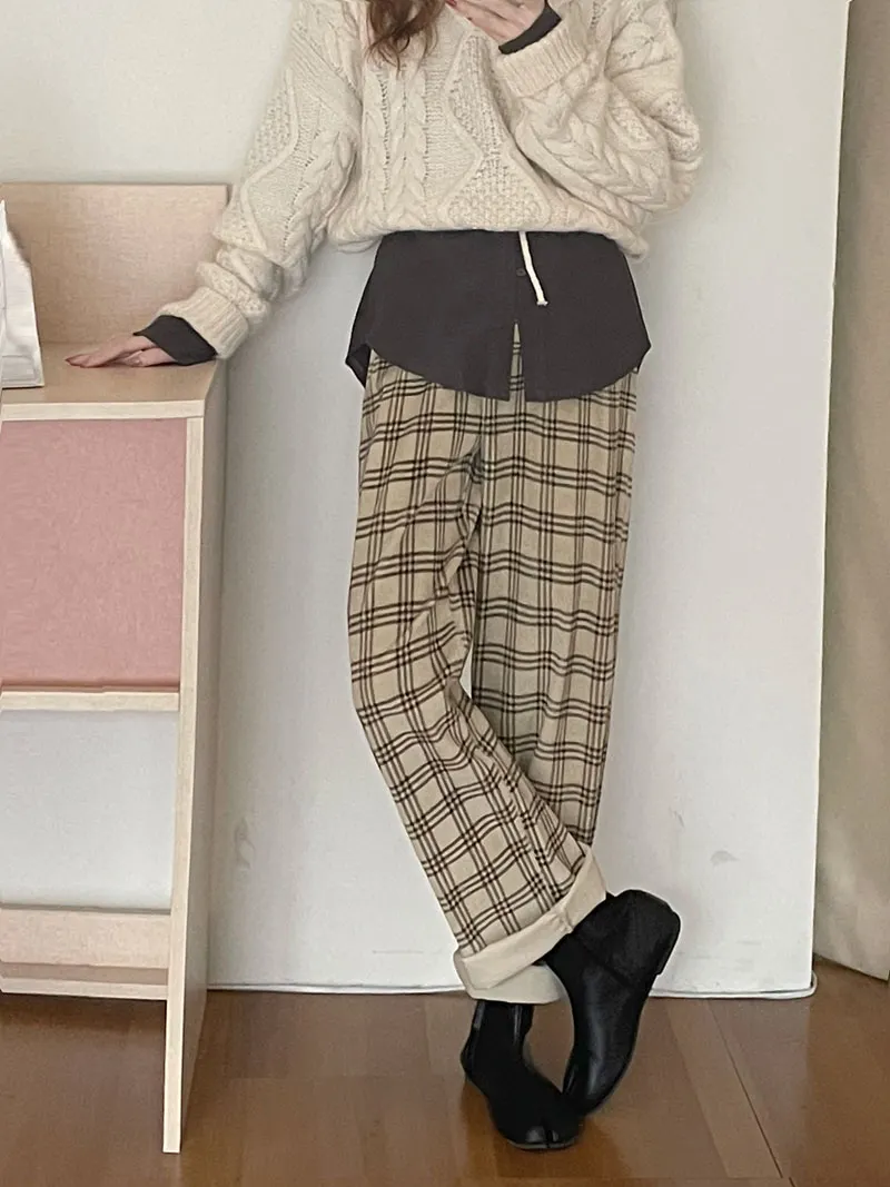 Girls Plaid Wide Leg Pants - Cotton Sweatpants, High Waist Cargo Style, Trendy Streetwear For Kids