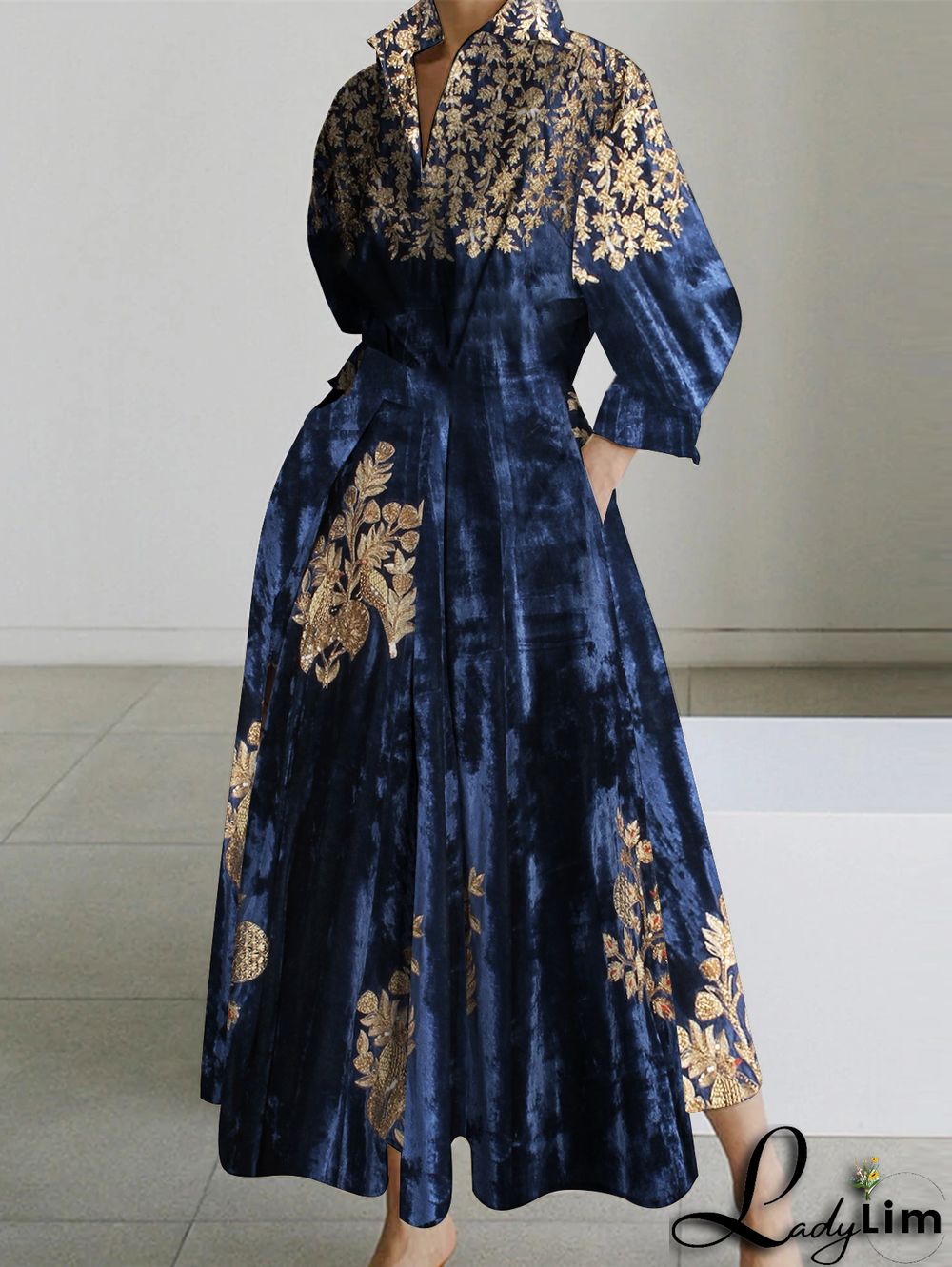 UR Daily Long Sleeve Stand Collar Floral Velvet Midi Dress