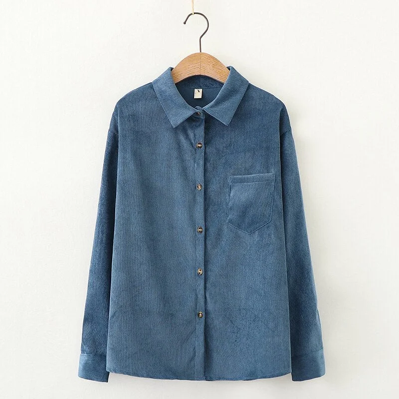 Simple Corduroy Shirts Women 2021 Spring New Casual Loose Blouses and Tops Lady Long Sleeve Blouse Young Style Clothes