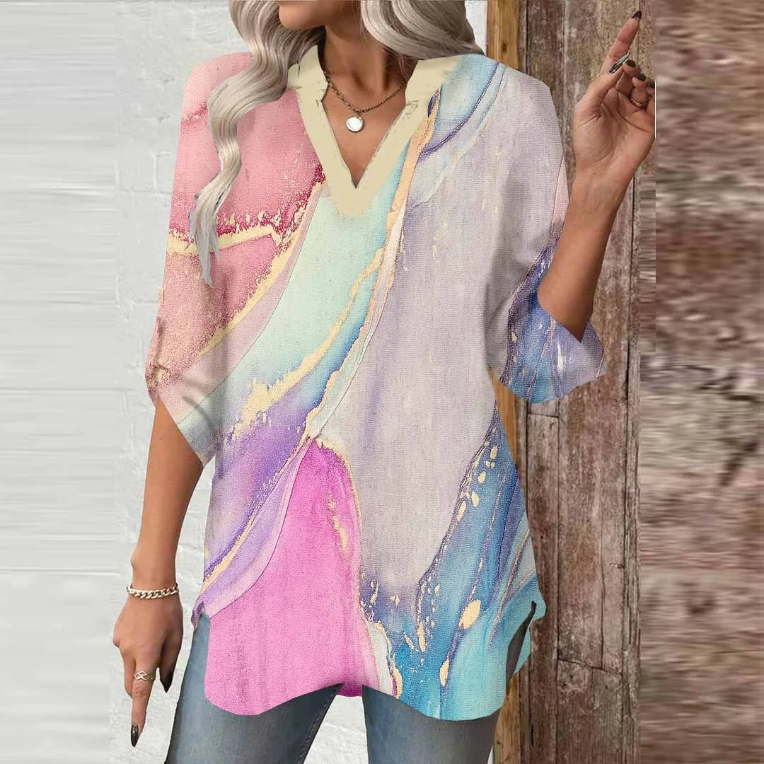 Women Texture, Pink, Blue DZGA0695 3/4 Sleeve V-neck Printed Graphic Button Tops