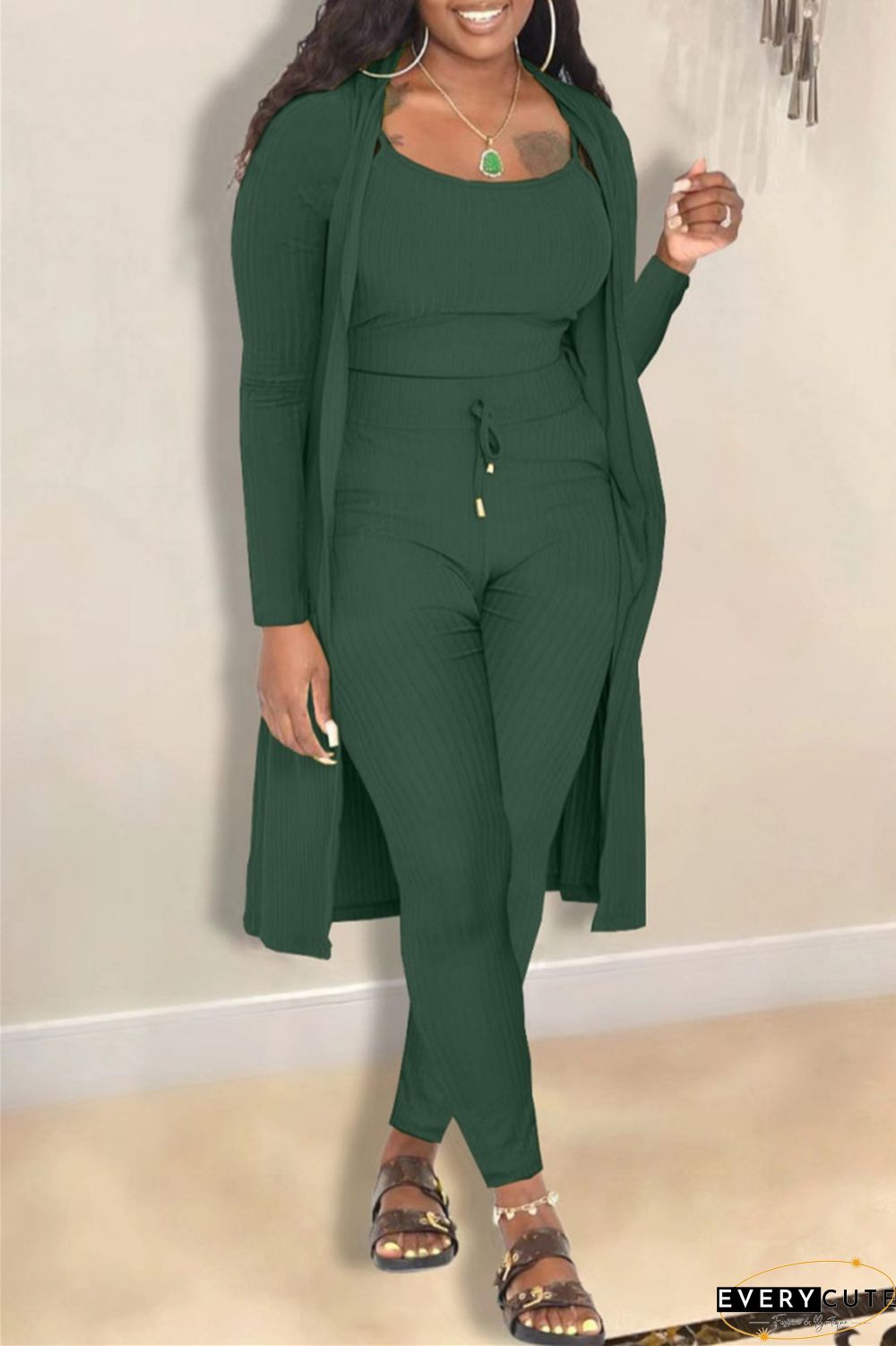 Casual Solid Cardigan Vests Pants Long Sleeve Three Piece Set