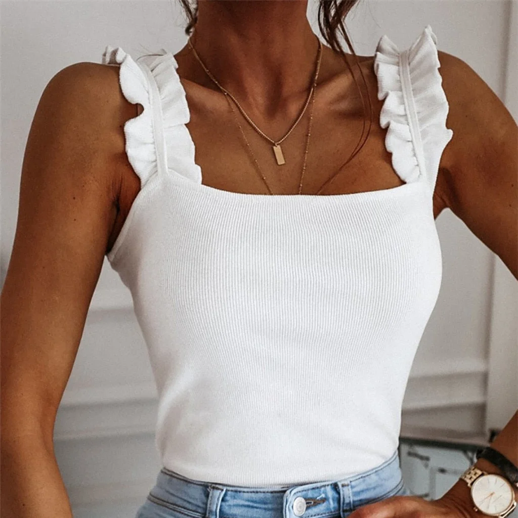 Women Solid Slim Tank Tops Ladies Ruffles Strap Tunic Tops Fashion Vest Summer Camisole Women Casual Sleeveless Female blusas