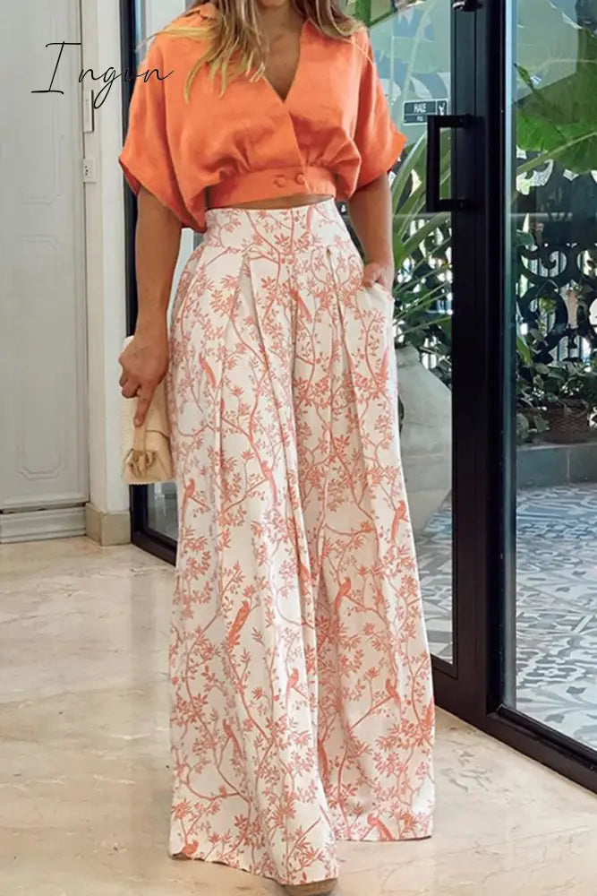 Ingvn - Fashion Print Split Joint V Neck Short Sleeve Two Pieces(4 Colors) Tangerine Red / S