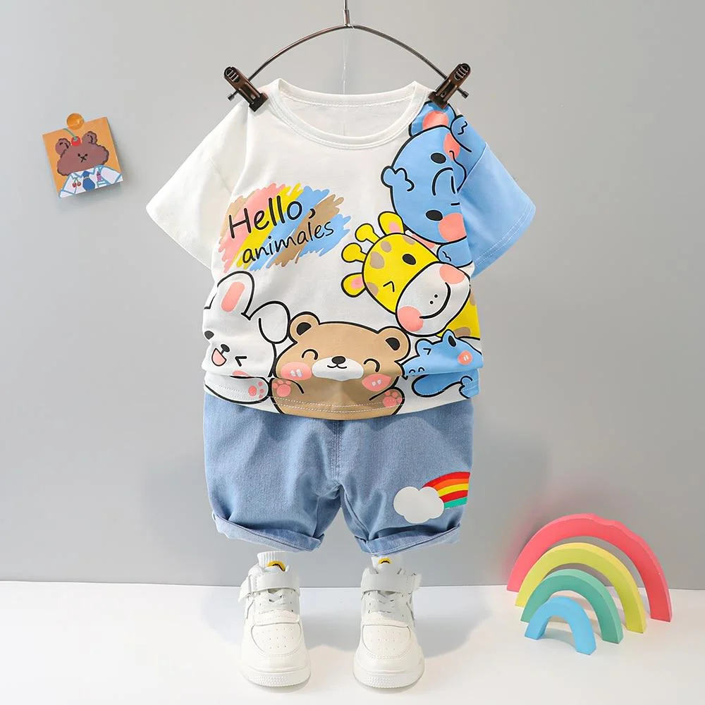 2021 Hot Clothes Sets Baby Kids Outfits Boys Summer 1 2 3 4 Years Cartoon Animal Short Cotton T-shirt Printed Clothing