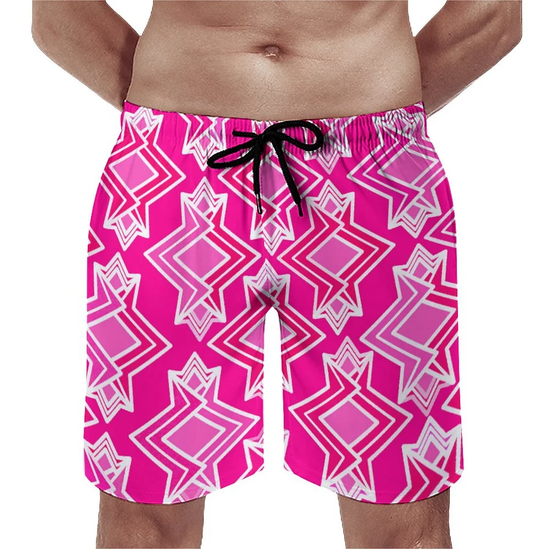 Pink Neon Blue Geometric Wave Men's Swim Trunks Summer Board Shorts Quick Dry Beach Short with Pockets