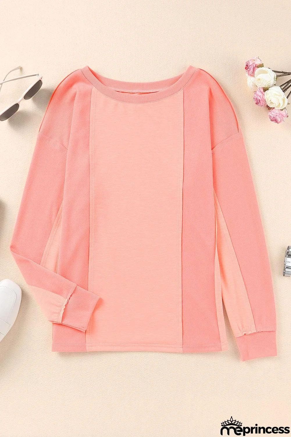 Ribbed Trim Panel Long Sleeve Top