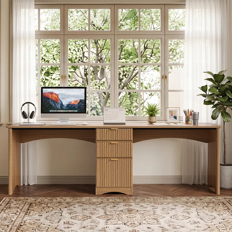 Bestier 95" 2 Person Computer Desk with Drawers, Fluted Two Person Office Desk, Long Double Writing PC Desk for Home Office