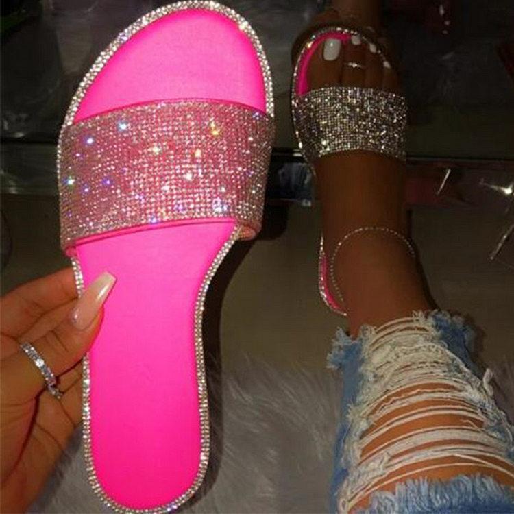 Shining Rhinestone Round Toe Flat Slippers-Black