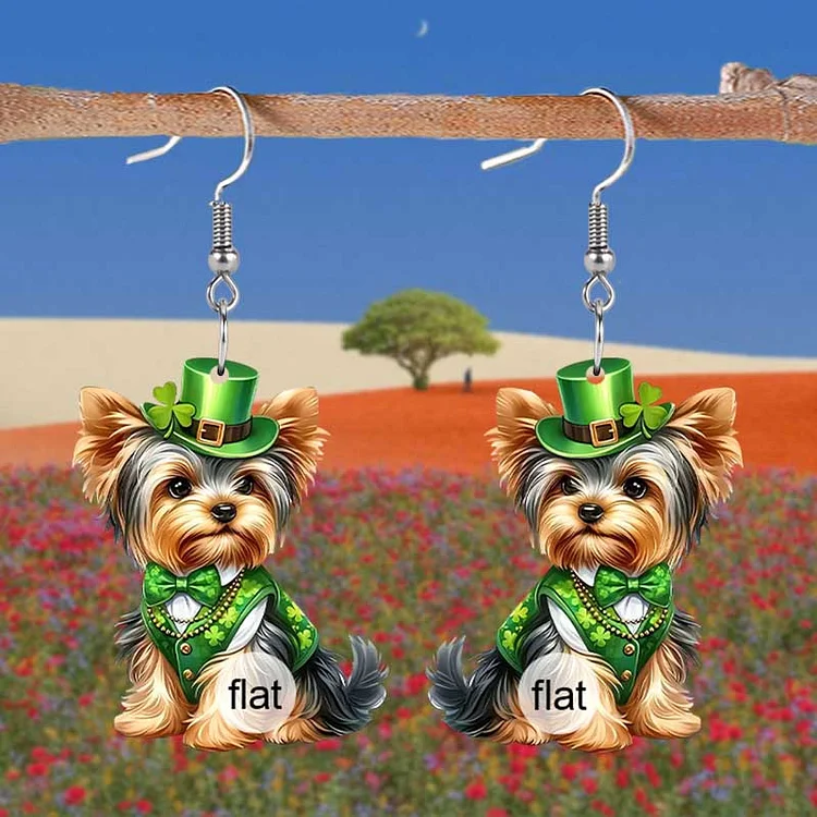 St. Patrick'S Day Green Yorkie Puppy Top Hat Earrings