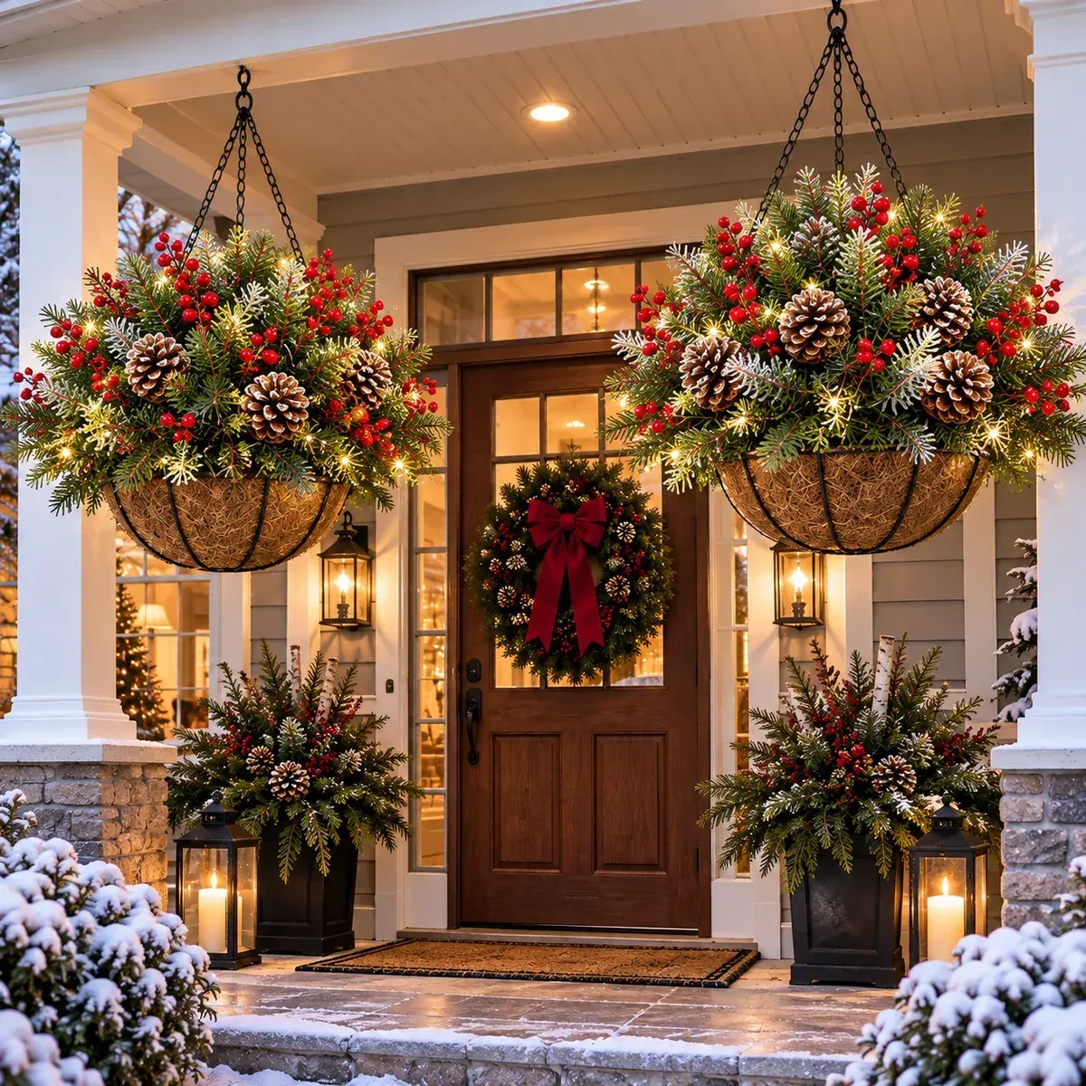 Pre-Lit Christmas Hanging Basket at front entrance
