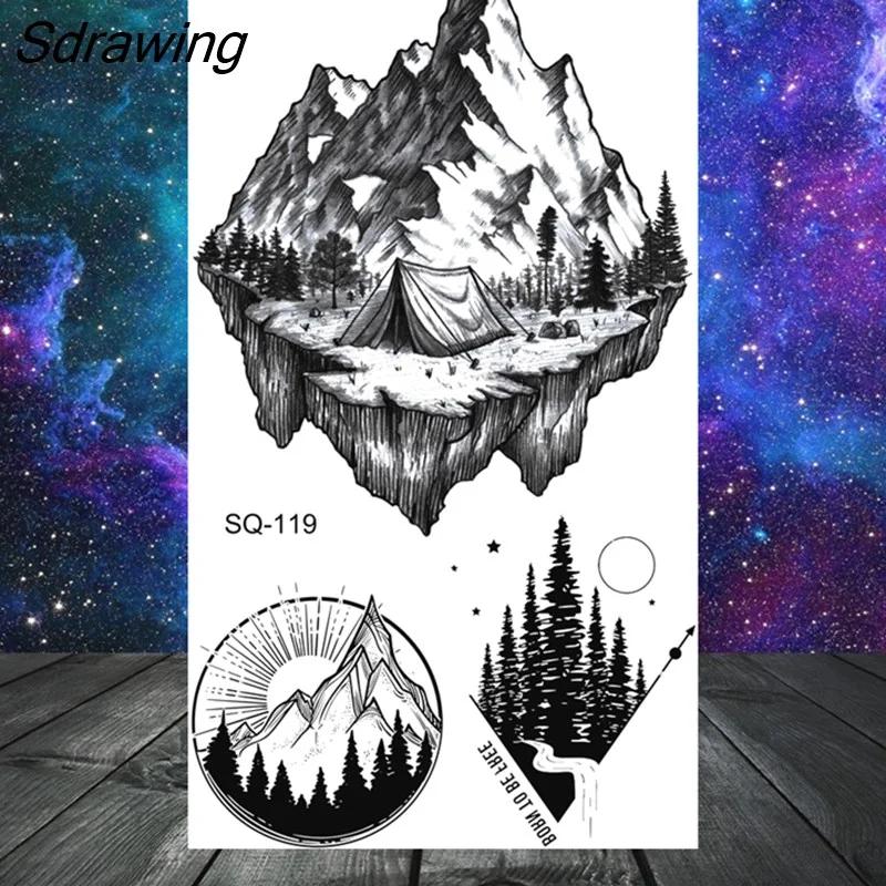 Sdrawing Mountain Temporary Tattoos For Women Adult Crown Wings Butterfly Flower Cros Henna Fake Tattoo Small Tatoo Paper