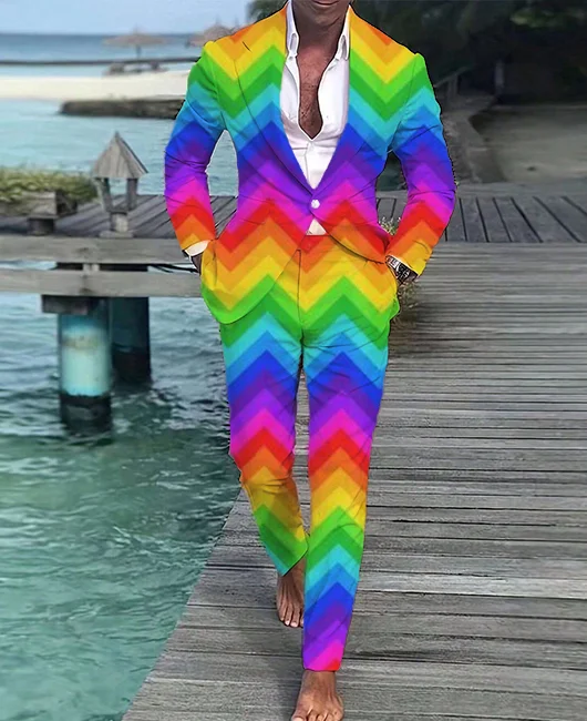 Fashion Rainbow Geo Pattern Blazer & Pants 2Pcs Set Okaywear