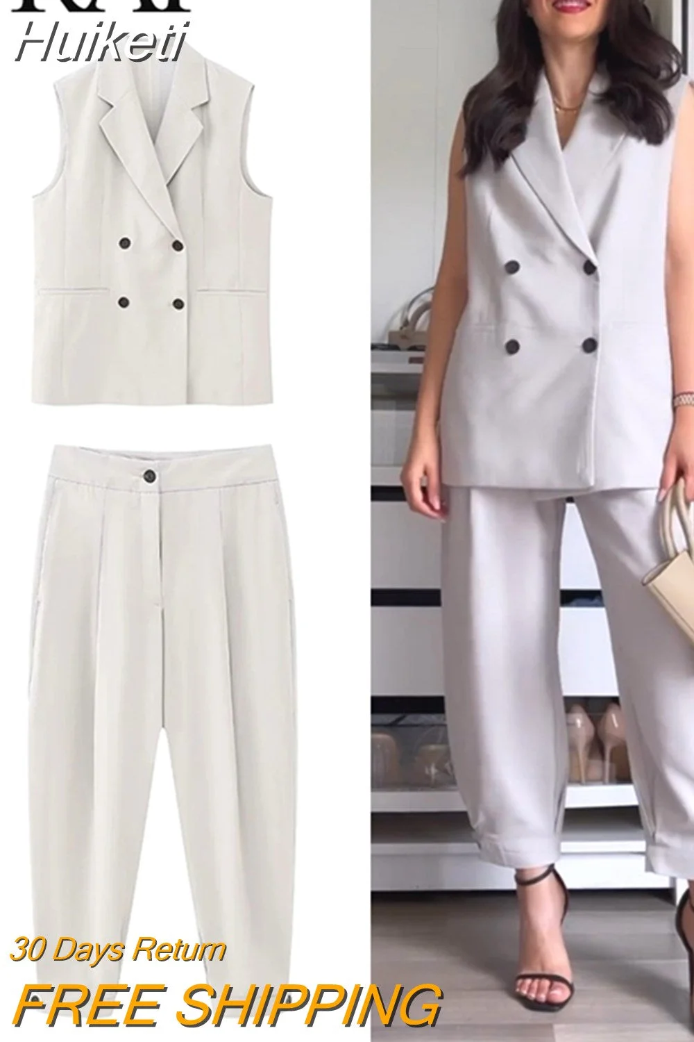 Huiketi Women Fashion Suits 2023 Trend New Back Slit Lapel Tops + With Button Decoration High Waist Office Lady Mujer Long Pants
