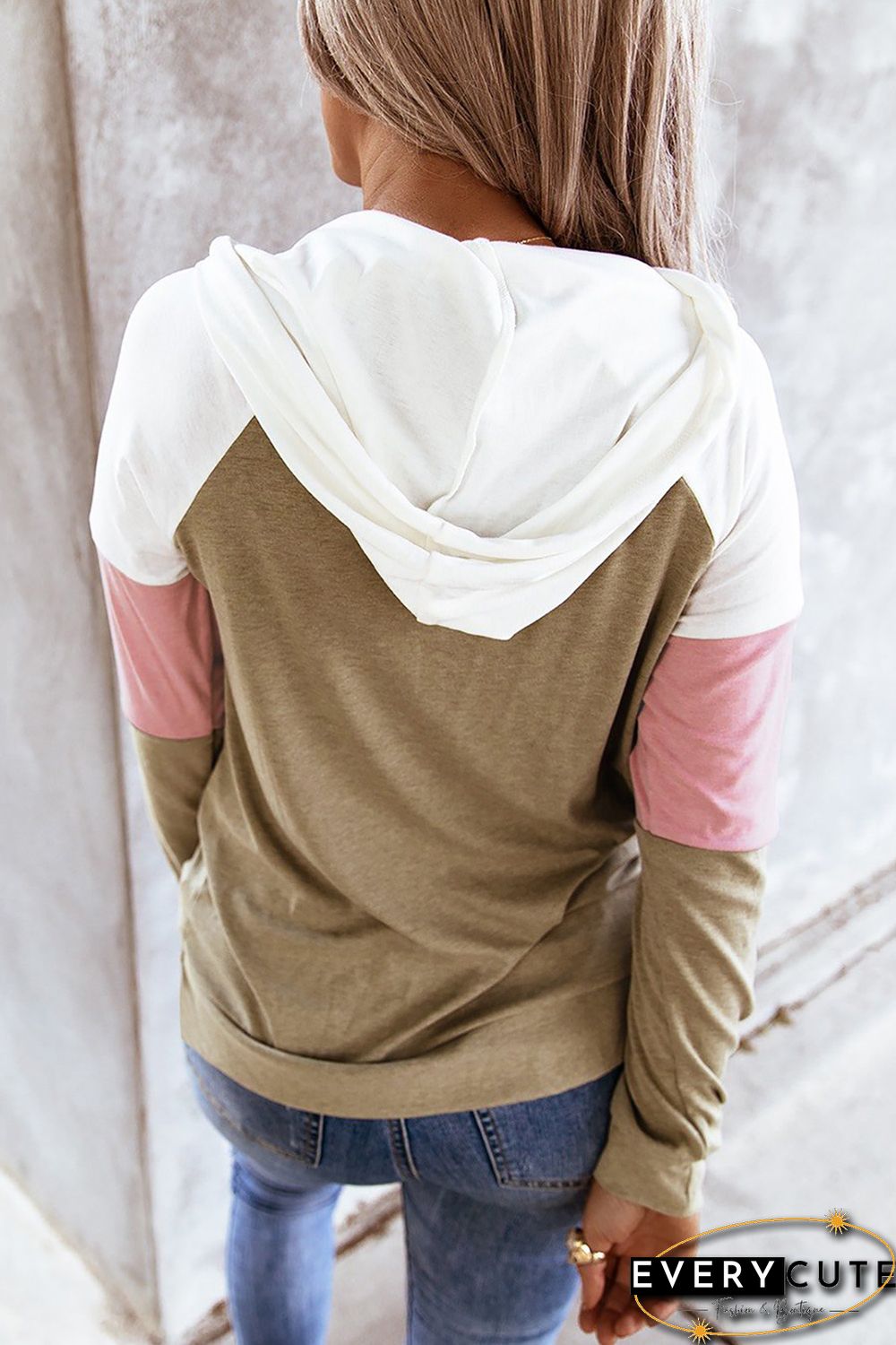 Khaki Color Block Zip Up Kangaroo Pocket Drawstring Hoodie
