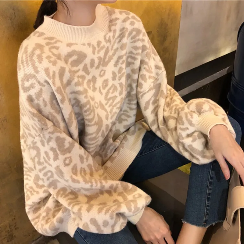 Sweater Women Turtleneck Leopard Knitted Aesthetic Sweater Women Winter Thick Female Pullovers Casual Tops Oversized Sweater