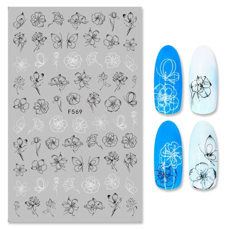 1PC Black White Leaves Flower 3D Nail Stickers Tropical Plants Mandala Leaf Geometry Transfer Decals Nail Art Decorations-Nail Inspo