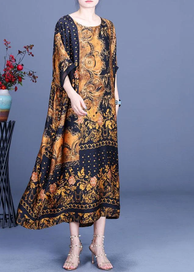 Casual Chocolate Print O-Neck Silk Summer Party Dress