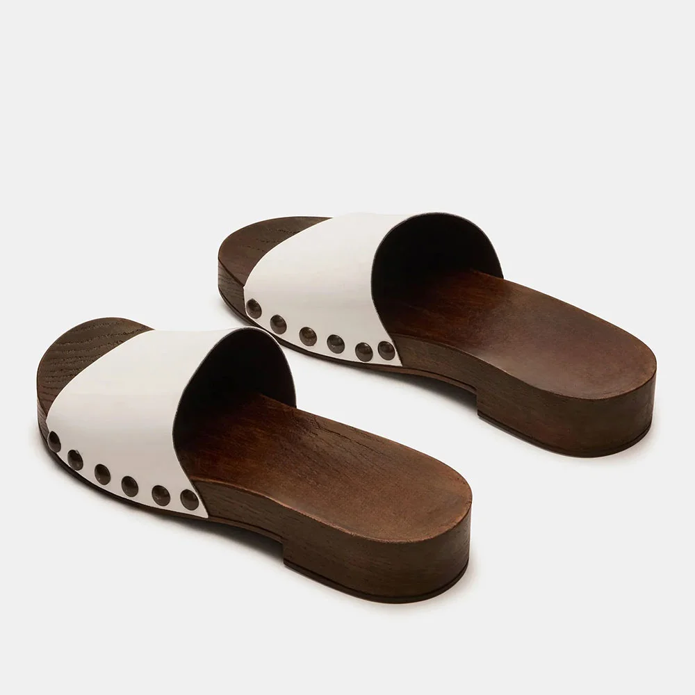 Chic White Patent Leather Round Toe Casual Studded Slip On Sandals