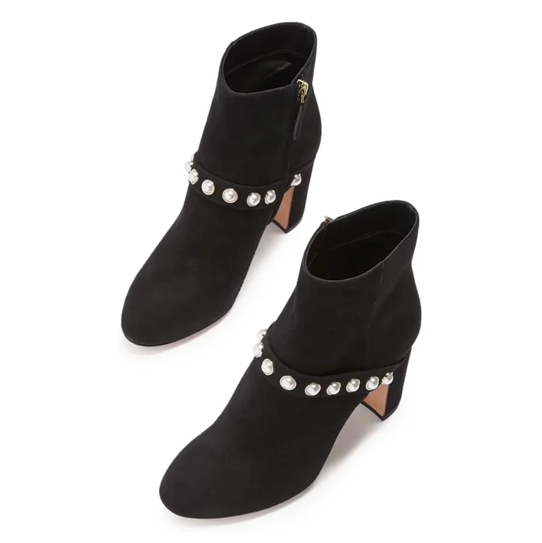 Black Vegan Suede Round Toe Chunky Heel Zipper Ankle boots with Pearls