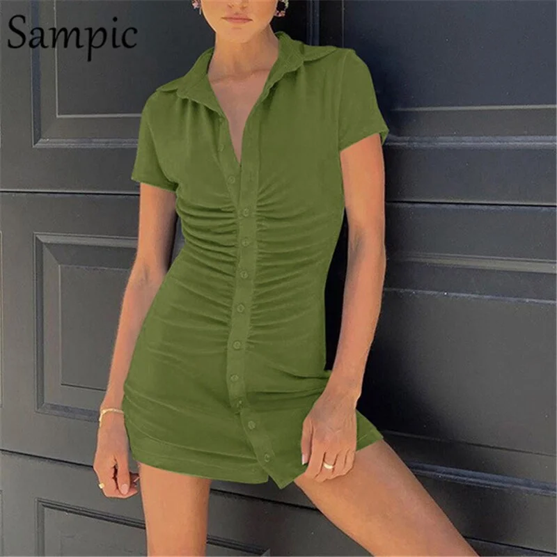 Sampic Turn Down Collar Sexy Women Wrap Mini Blouse Dress 2020 Party Club Summer Short Sleeve Bodycon Single-Breasted Dress