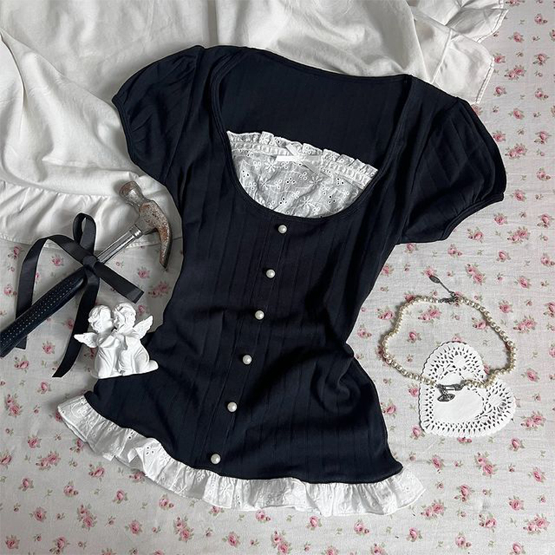 Megaarcadee Harajuku Retro Y2K Aesthetic Womens Long Sleeve Top Sexy Slim Chic Aesthetic Lace Bow Design Mini Skirt Gothic E-Girl Streetwear