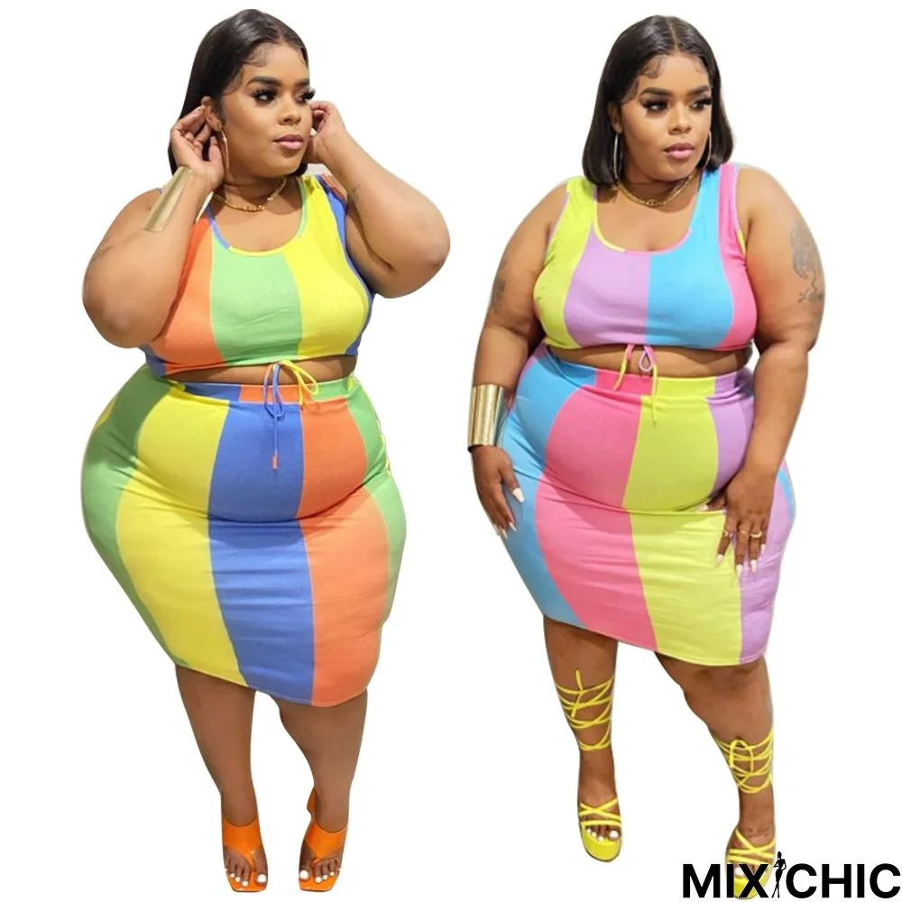 Trendy Sleeveless Color Print Plus Size Two-Piece Set