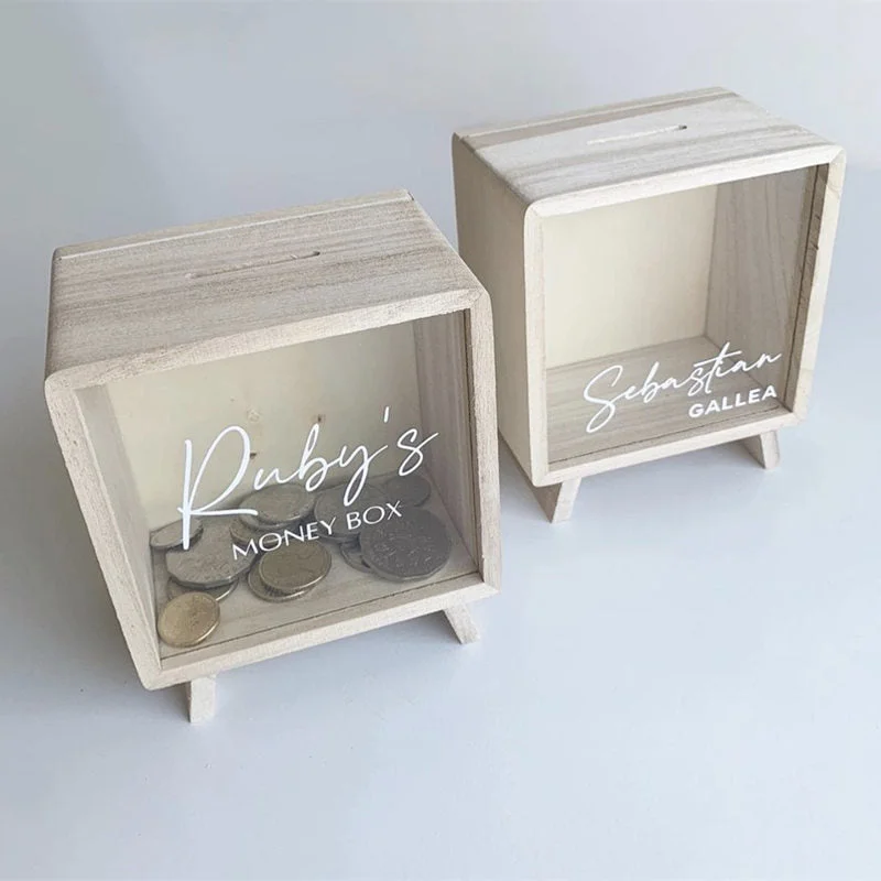 Personalized Wooden Piggy Bank Wood Money Box Desktop Ornaments Tipping Tank Kids Coin Counting Storage Tanks Saving Jar Crafts