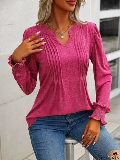 Notched Smocked Lantern Sleeve Blouse