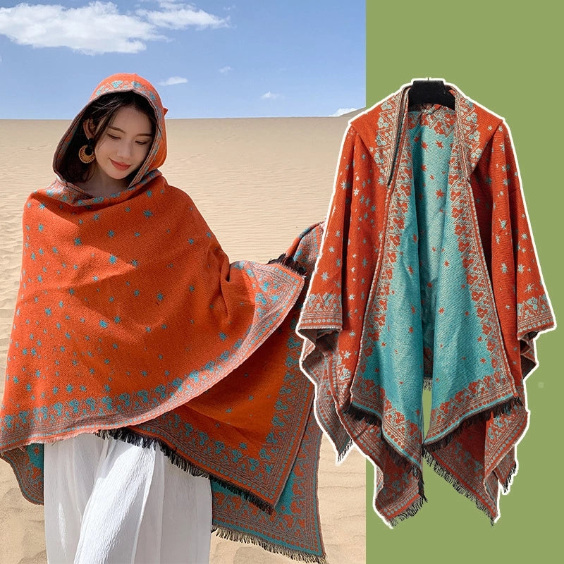 Ethnic Style Hooded Shawl Cloak Lijiang Xinjiang Tibet Northwest Tourism Wear Photograph Warm Outer Cape