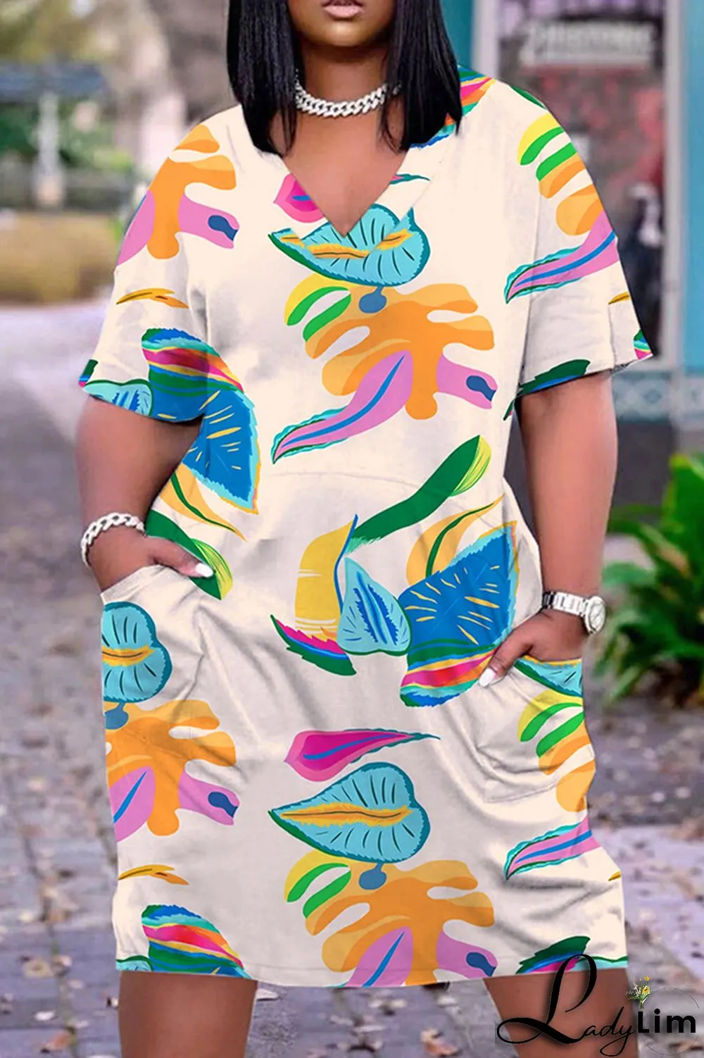 Khaki Casual Print Basic V Neck Short Sleeve Dress