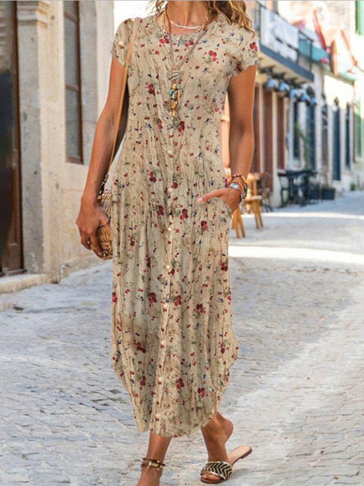 Women's Short Sleeve Scoop Neck Floral Printed Midi Dress
