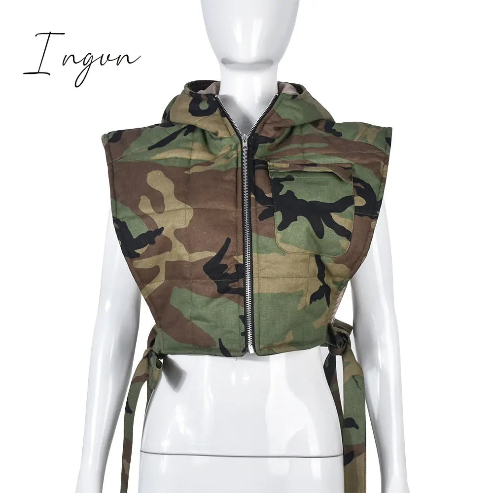 Ingvn - Winter Sleeveless Side Lace Up Vest Jacket Zipper Denim Hoodies Streetwear Women Clothing