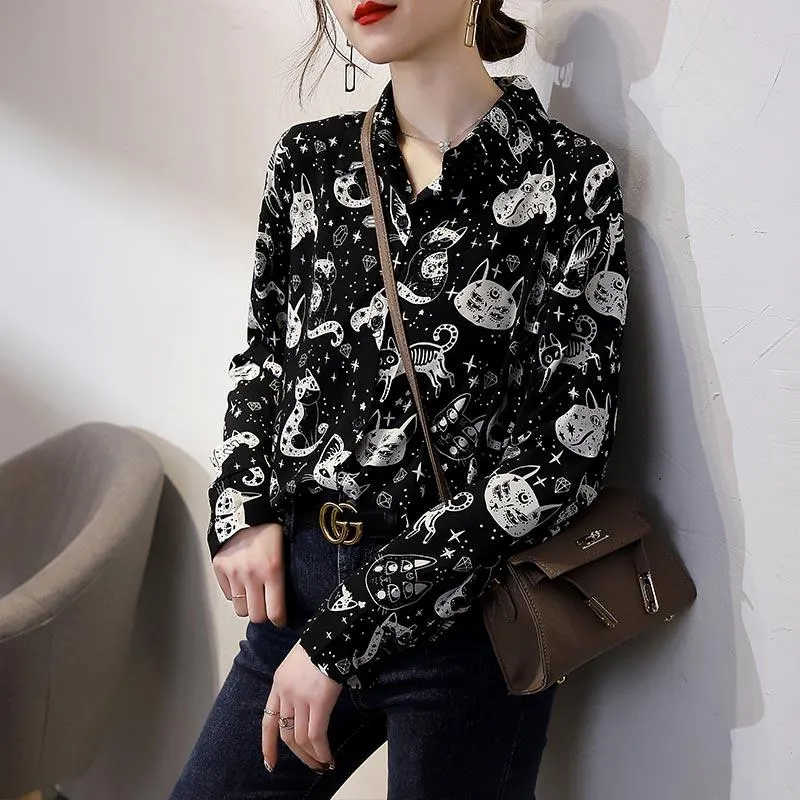 Cute Kitten Print Long Sleeve Shirt