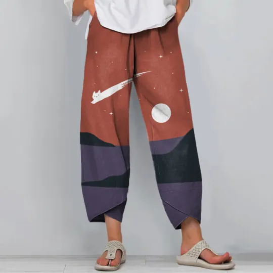 Comstylish Abstract Creative Cute Cat Leaping Under The Starry Sky Painting Art Pants