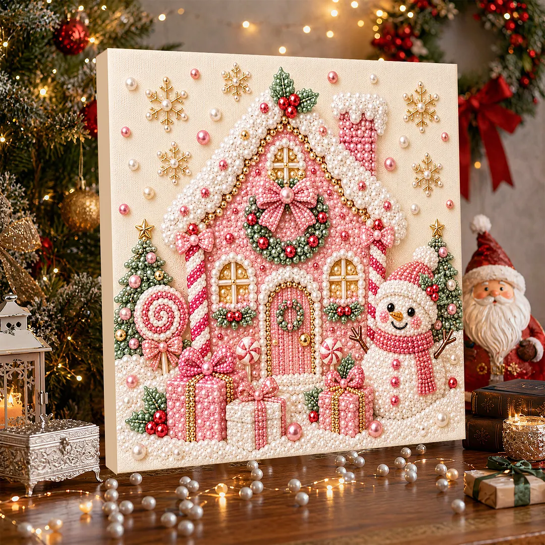 Framed Pearl Painting Kit Christmas Snowman Cottage 7.87x7.87in