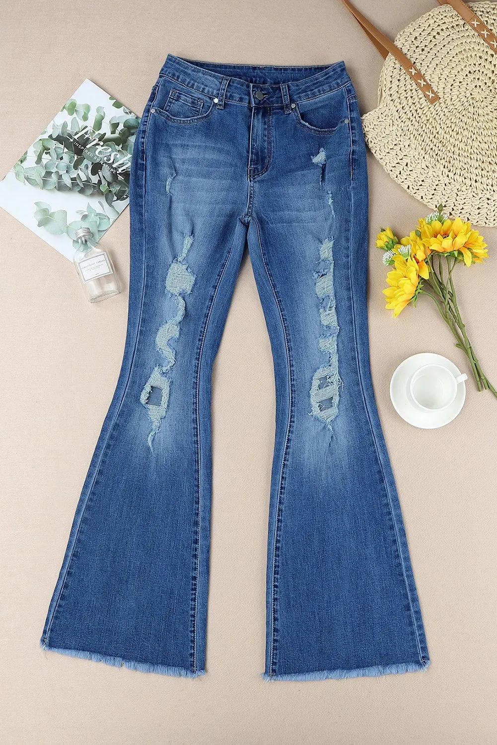 Sky Blue Distressed Raw Hem High Waist Flare Jeans