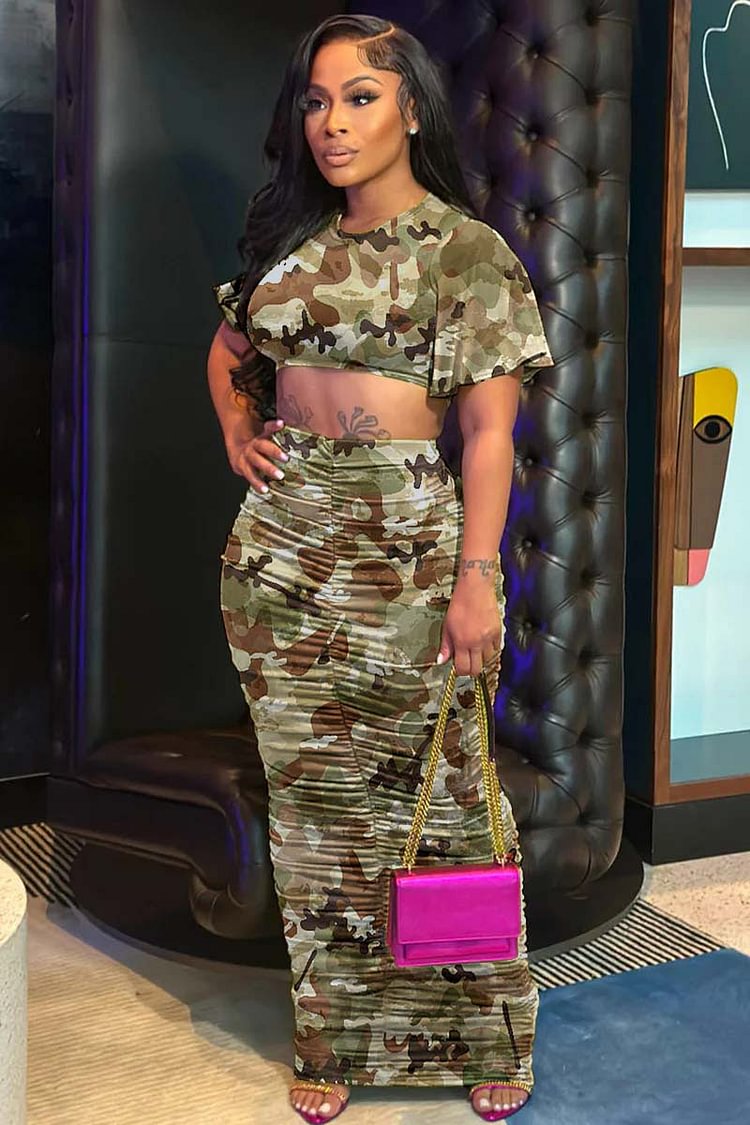 Camo Print Crop Top Ruched Maxi Skirt Two Piece Set [Pre Order]